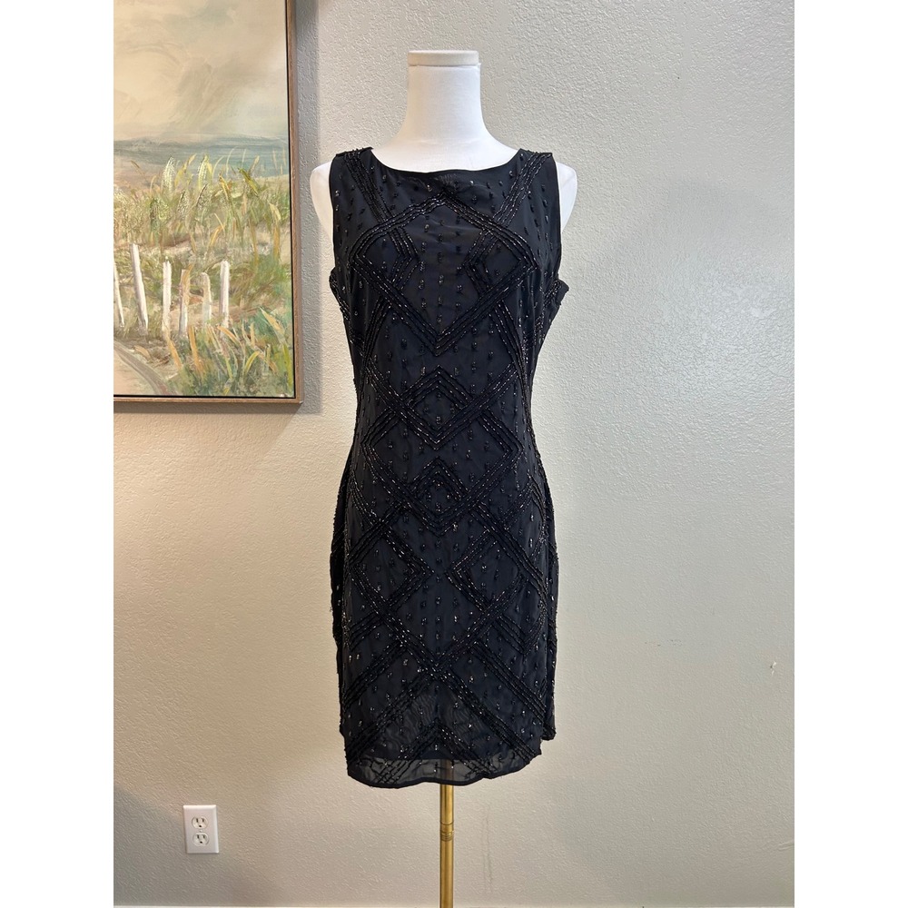 Black Beaded Sequin Sheath Dress Sleeveless Size 8